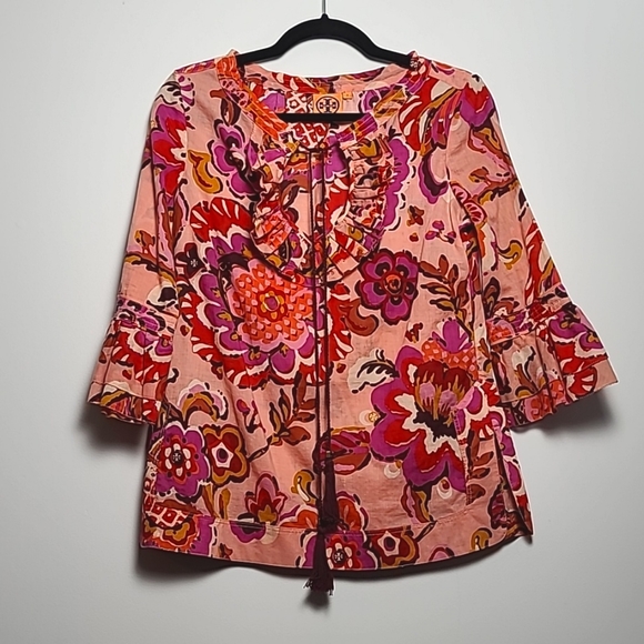 Tory Burch Tops - Tory Burch Gwenna Peach & Pink Floral 3/4 Sleeve Tassel Tie Tunic Top Size 2